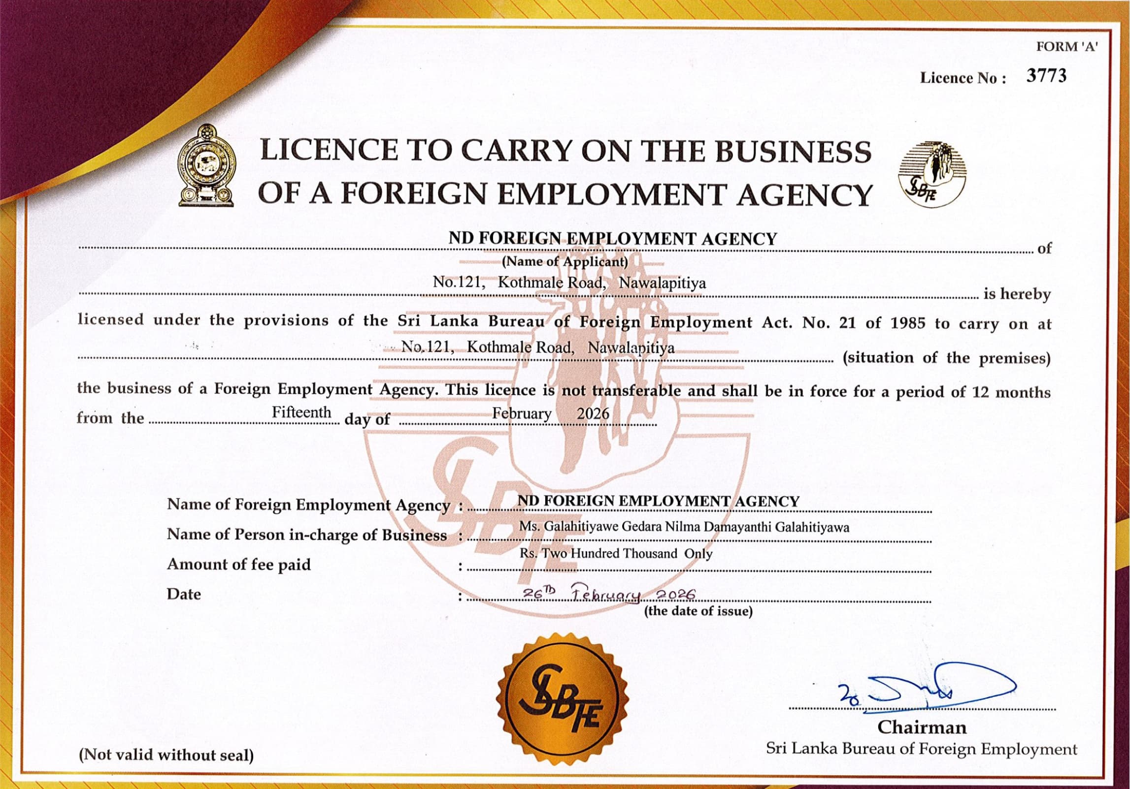 SLBFE licence certificate, Licence No. 3773